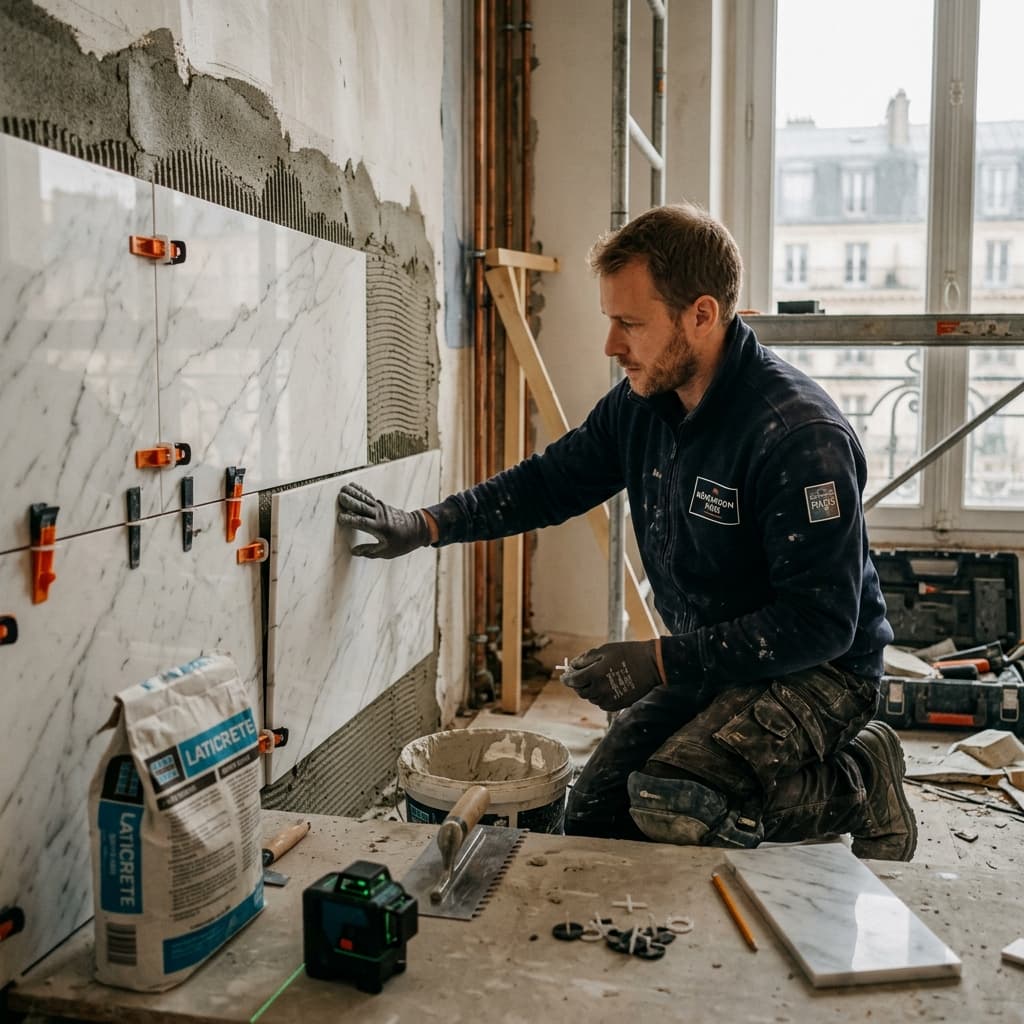 Carreleur LUPOQ Rénovation en cours de pose dans une salle de bain