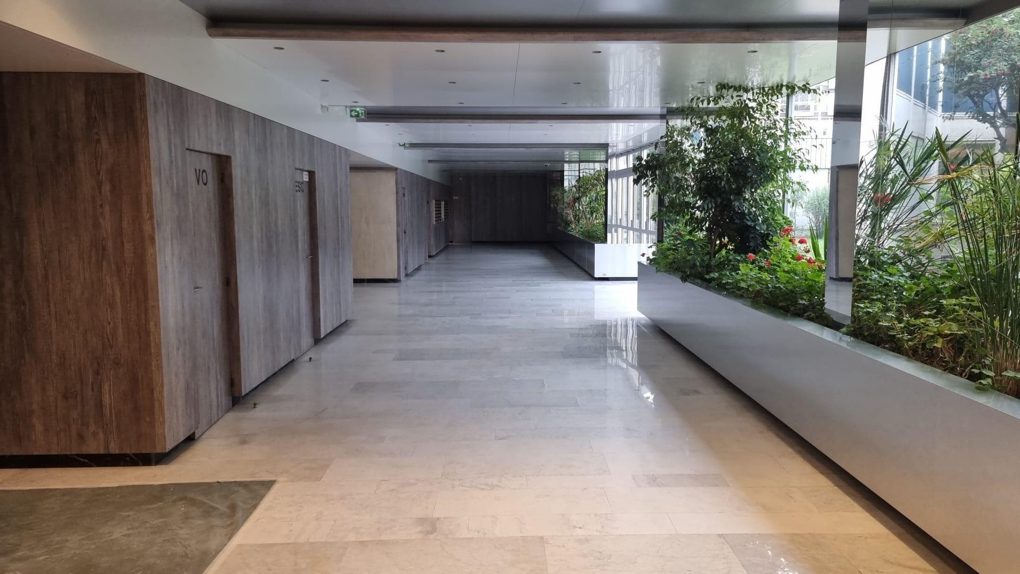 Hall de bureaux rénové par LUPOQ Rénovation, bardage bois et jardin intérieur