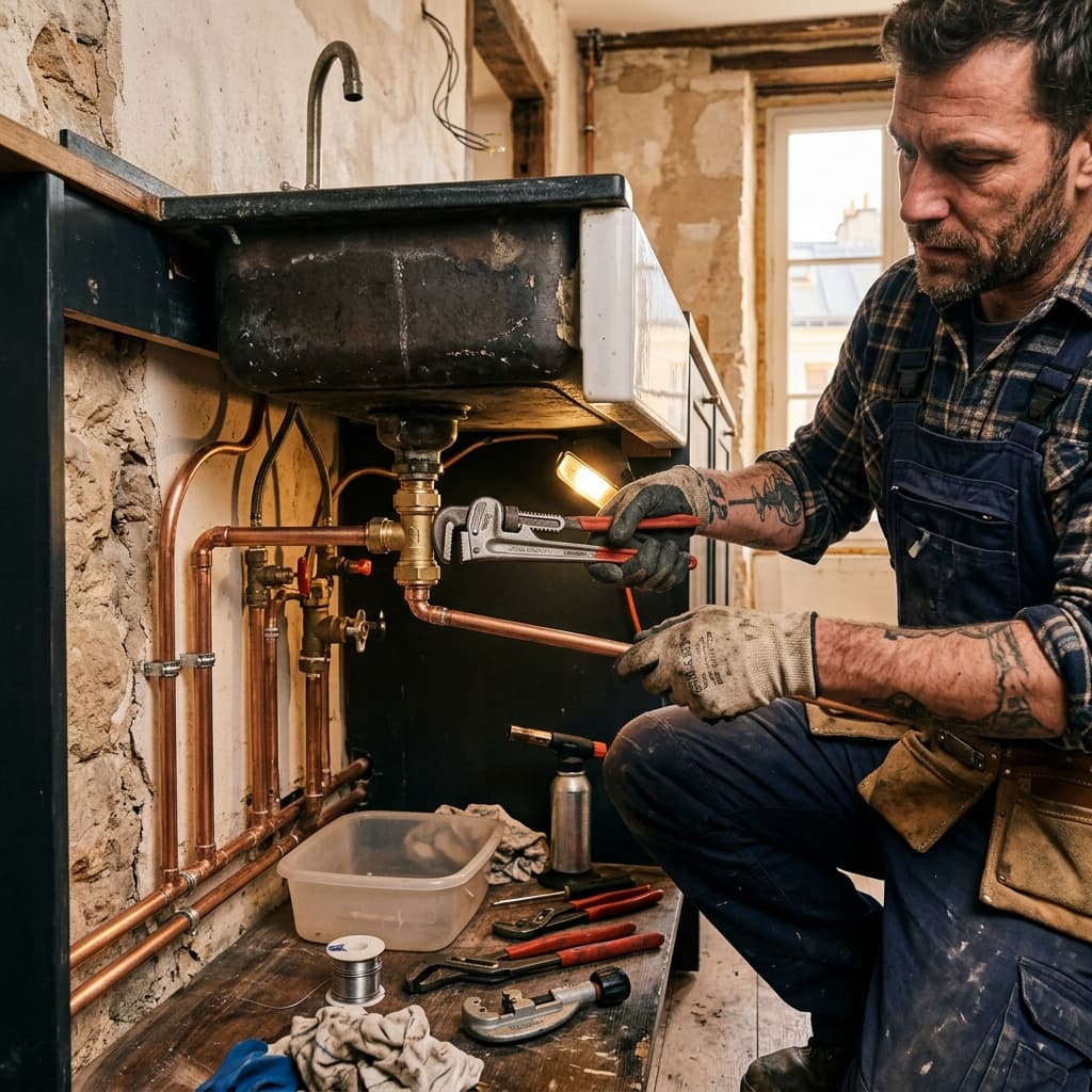 Réseaux de plomberie apparents sur un chantier LUPOQ Rénovation