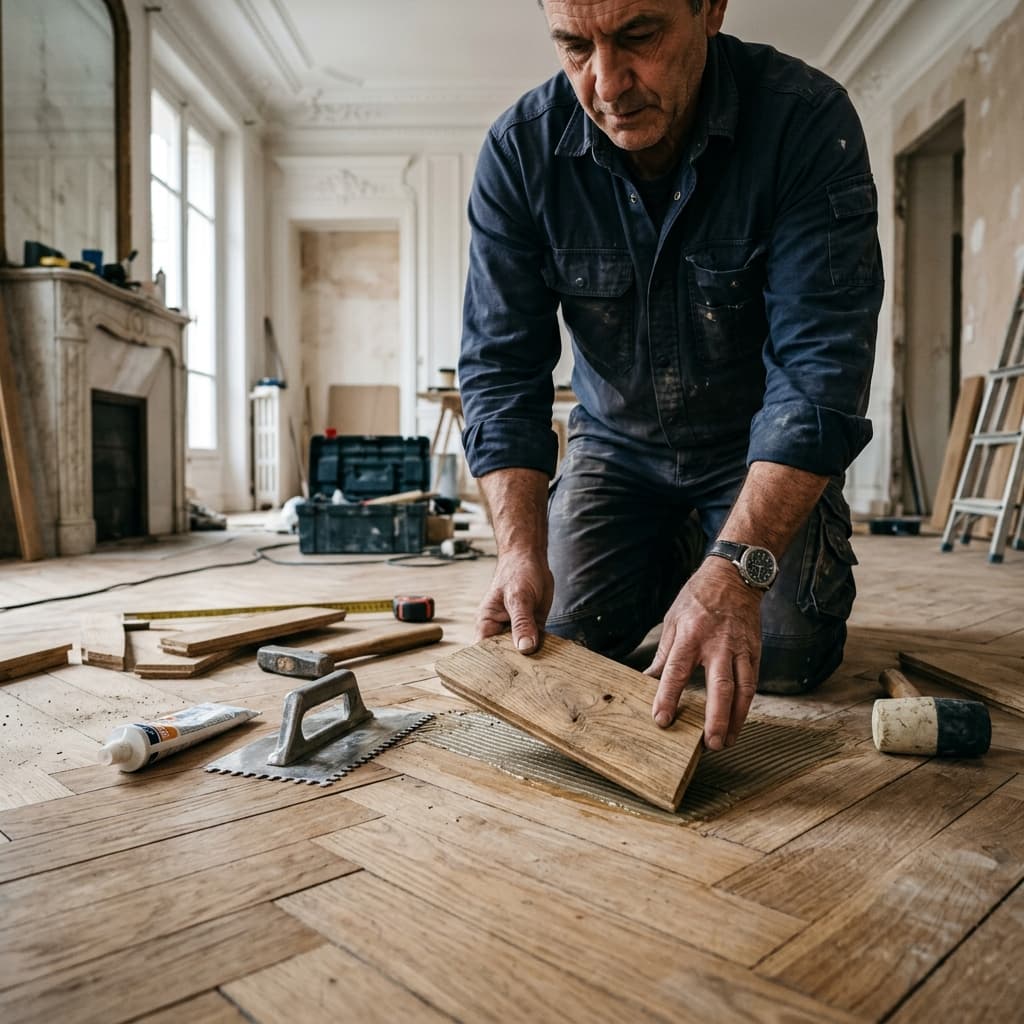 Pose de parquet massif sur un chantier LUPOQ Rénovation à Paris