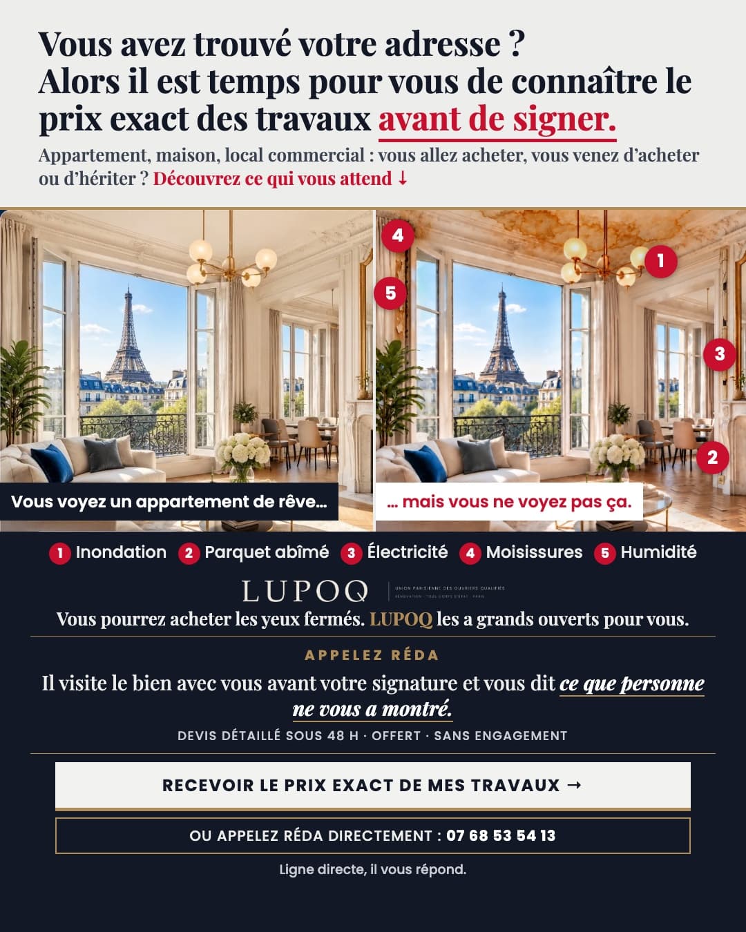 Annonce LUPOQ : à gauche un salon parisien avec vue sur la tour Eiffel, à droite le même salon avec cinq défauts numérotés (inondation, parquet abîmé, électricité, moisissures, humidité), et l'offre de visite avant achat de Réda.