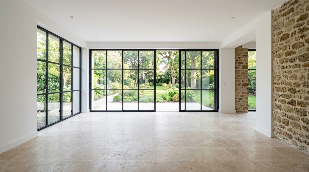 Extension de maison meulière moderne au Vésinet - Verrière acier noir et travertin