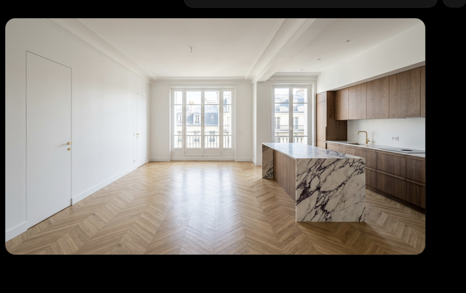 Rénovation d'appartement haut de gamme à Neuilly - Cuisine en marbre Calacatta Viola et Noyer