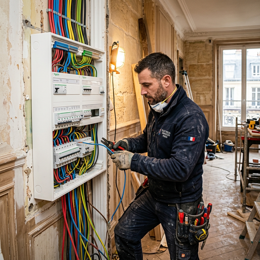 Artisan électricien professionnel LUPOQ Rénovation raccordant un tableau de répartition moderne conforme NF C 15-100 en Paris & Île-de-France