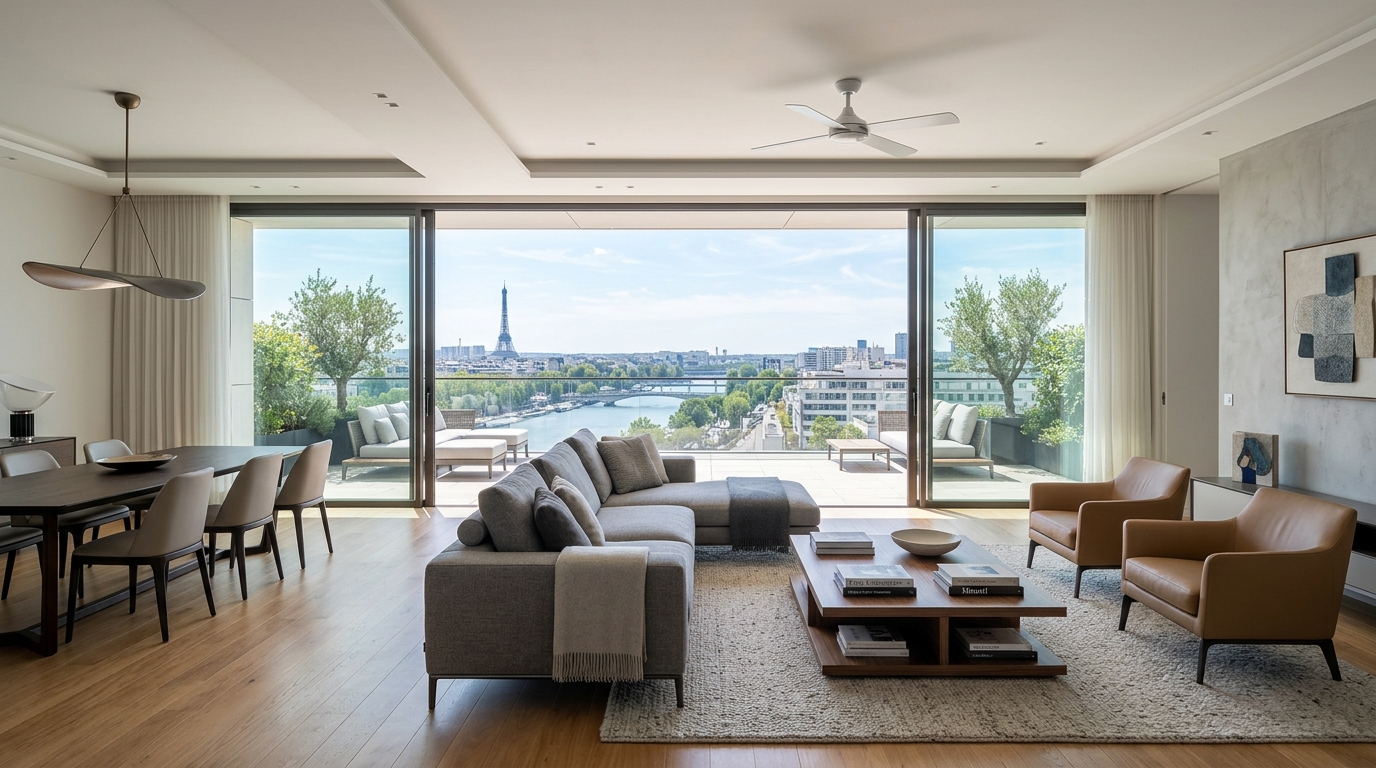 Séjour contemporain avec vue sur la Seine à Issy-les-Moulineaux, rénovation LUPOQ Rénovation