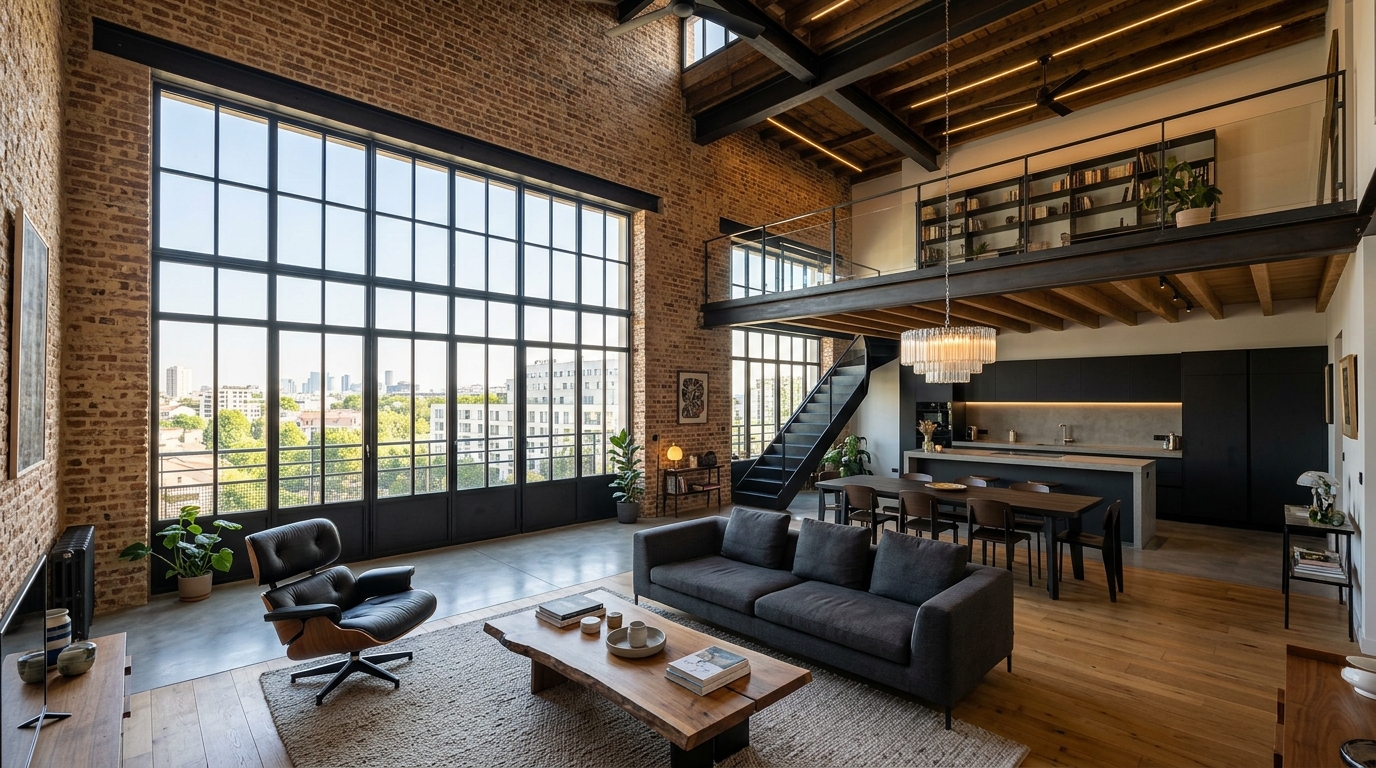 Loft en brique et verrière métallique à Nanterre, reconversion rénovée par LUPOQ Rénovation