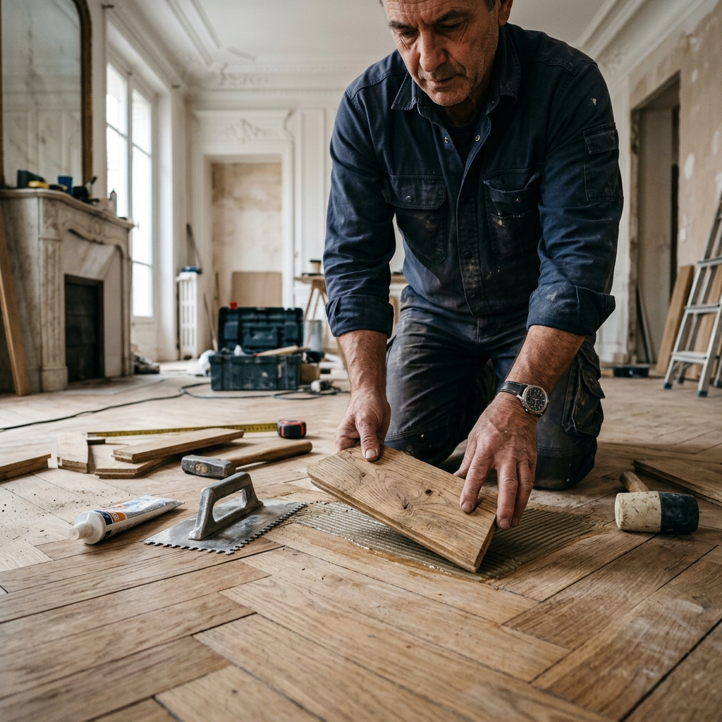 Artisan parqueteur LUPOQ Rénovation en cours de pose de parquet traditionnel en chêne en Paris & Île-de-France