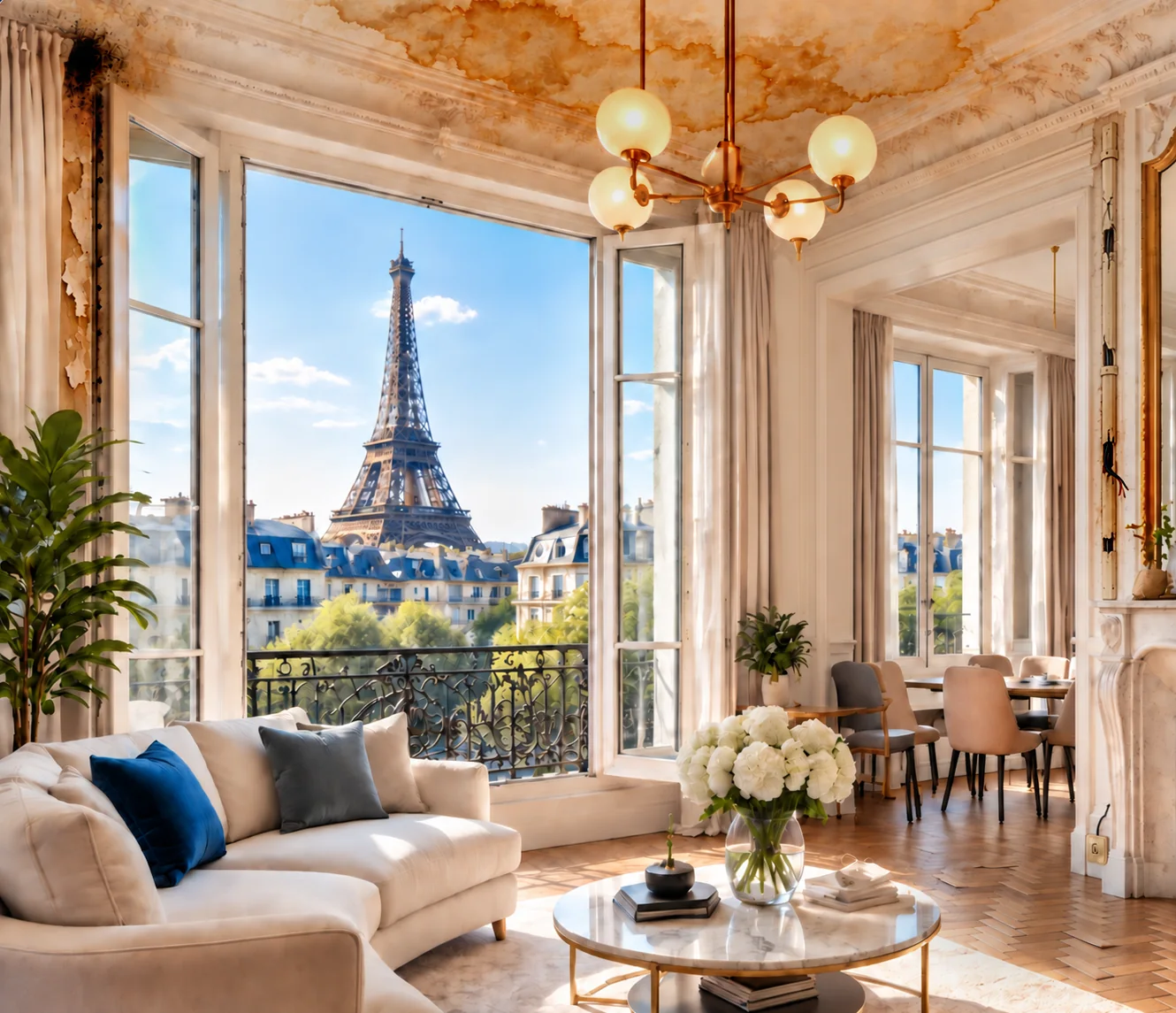 Le même type d’appartement, défauts visibles : dégât des eaux au plafond, parquet abîmé, électricité hors normes, moisissures, humidité
